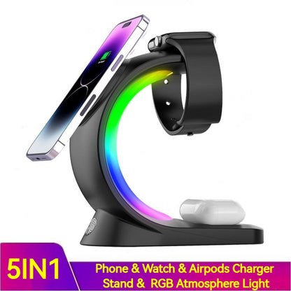 4 In 1 Magnetic wireless charger for iPhone 12- iPhone 15 series, Ear pods & Pro I-phone Watch, RGB Light charging Station - BringItHome Gadget