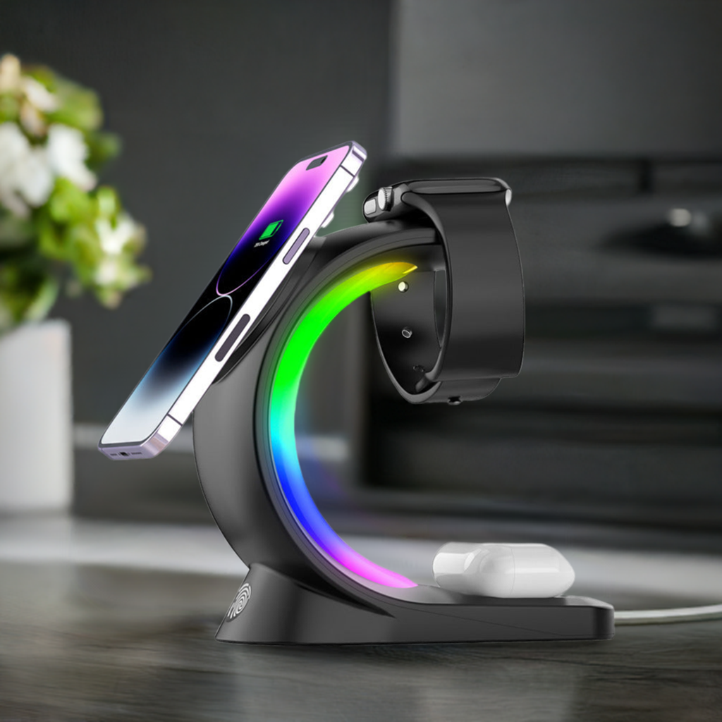 4 In 1 Magnetic wireless charger for iPhone 12- iPhone 15 series, Ear pods & Pro I-phone Watch, RGB Light charging Station